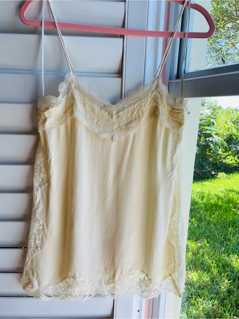 Pretty Cream Poly Lace Trim Camisole Top
15” Side Slits. Sm